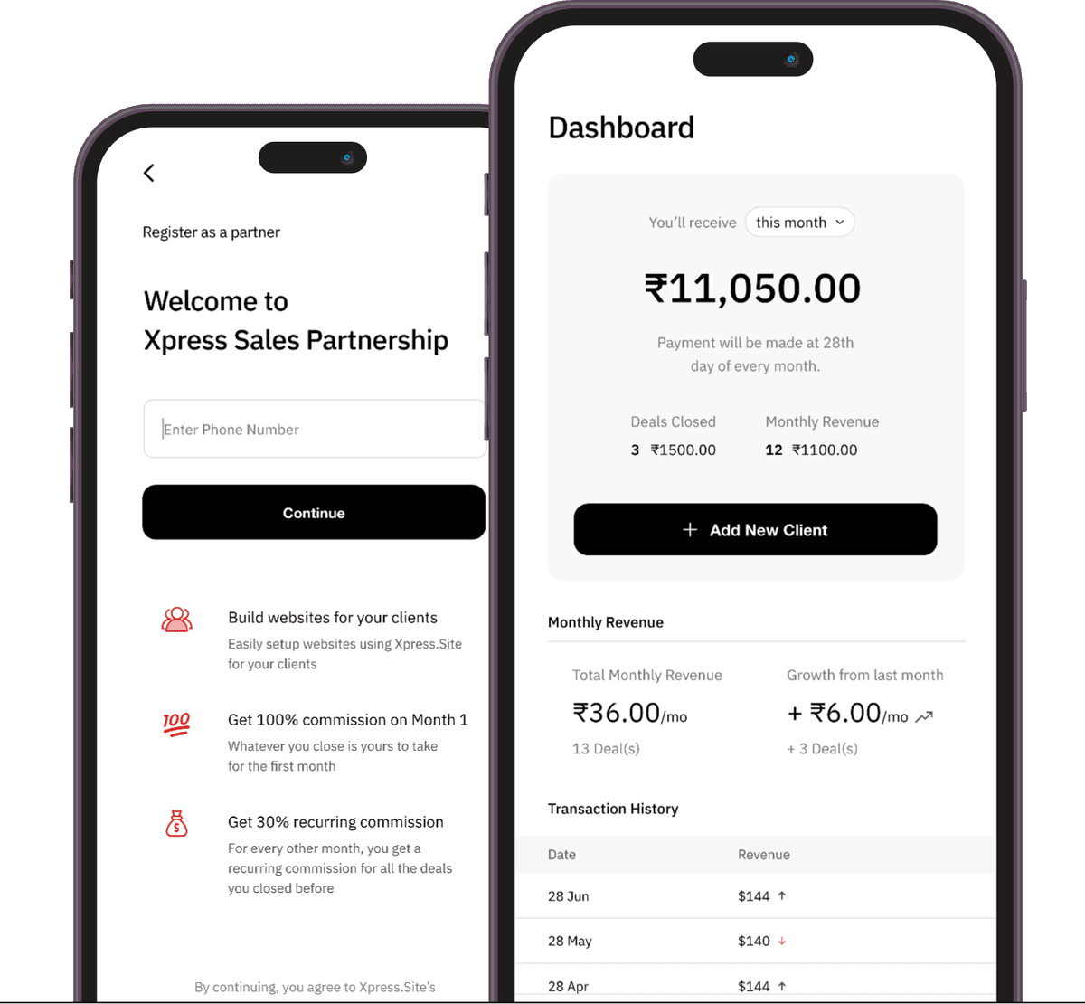 Mobile app screens showing registration and dashboard